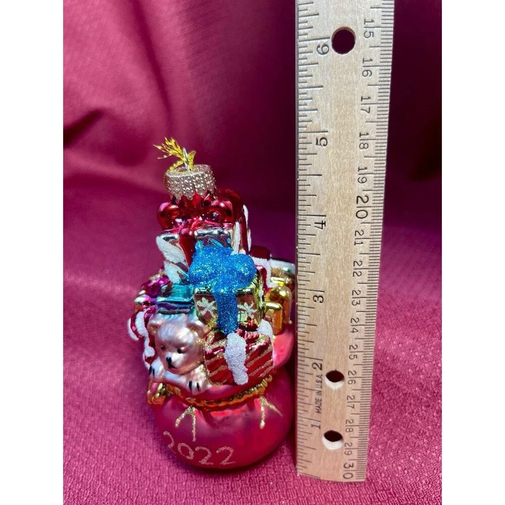 2022 Dated Blown Glass Santa’s Gift Bag~Christmas Ornament~Teddy~Glitter~NWT